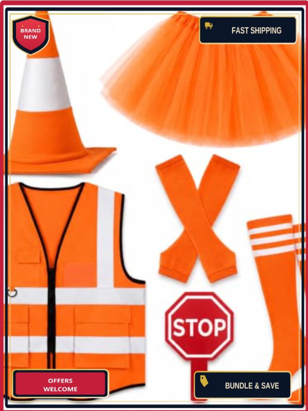 Honic Traffic Cone Hat Safety Vest Tutu Skirt Costume Set Adult Halloween